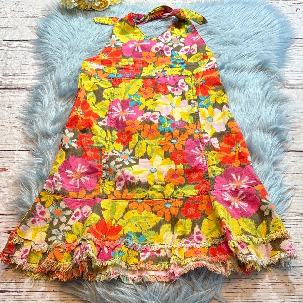 The Children’s Place Stretch Retro Floral Frayed Layer Halter Denim Dress sz 10